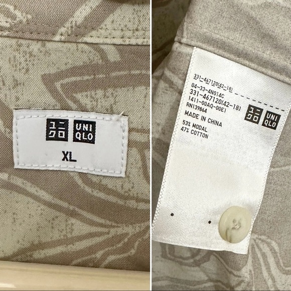 Uniqlo Khaki Leaf Print Open Collar Short Sleeve Hawaiian Shirt Men's Size XL - Picture 15 of 15